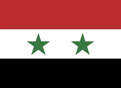 [ai] The national flag of Syria featuring three horizontal stripes: red at the top, white in the middle with two green stars, and black at the bottom.